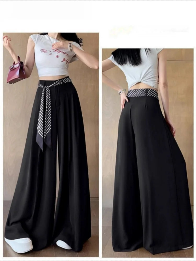 Women's Draped Loose Wide Leg Pants With Scarf High Waist Floor Length Long White Suit Trousers Female Baggy Pants Fashion 2026