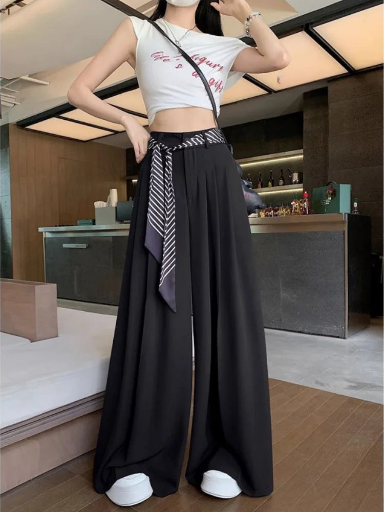 Women's Draped Loose Wide Leg Pants With Scarf High Waist Floor Length Long White Suit Trousers Female Baggy Pants Fashion 2026