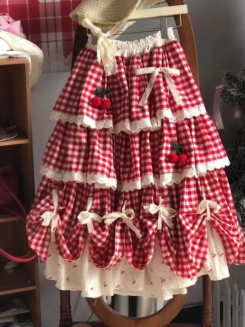 2026 New Sweet Lolita Plaid Layered Skirt Street Red White Gingham Cherry Bow Lace Ruffle Tiered High Waist A‑Line Midi Skirts
