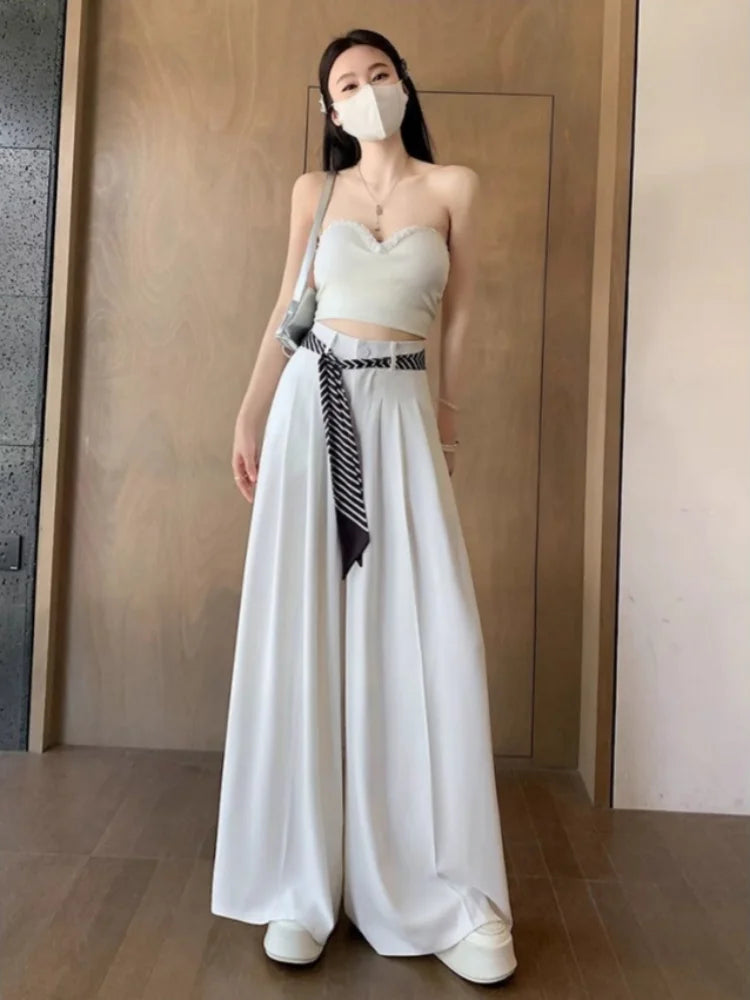Women's Draped Loose Wide Leg Pants With Scarf High Waist Floor Length Long White Suit Trousers Female Baggy Pants Fashion 2026