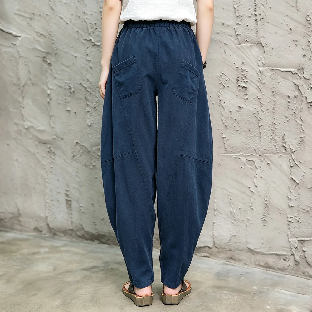 Women Linen Lantern Harem Pants Elastic High Waist Loose Spliced Baggy Trousers With Pockets Casual Oversized Wide Leg Pants Fle