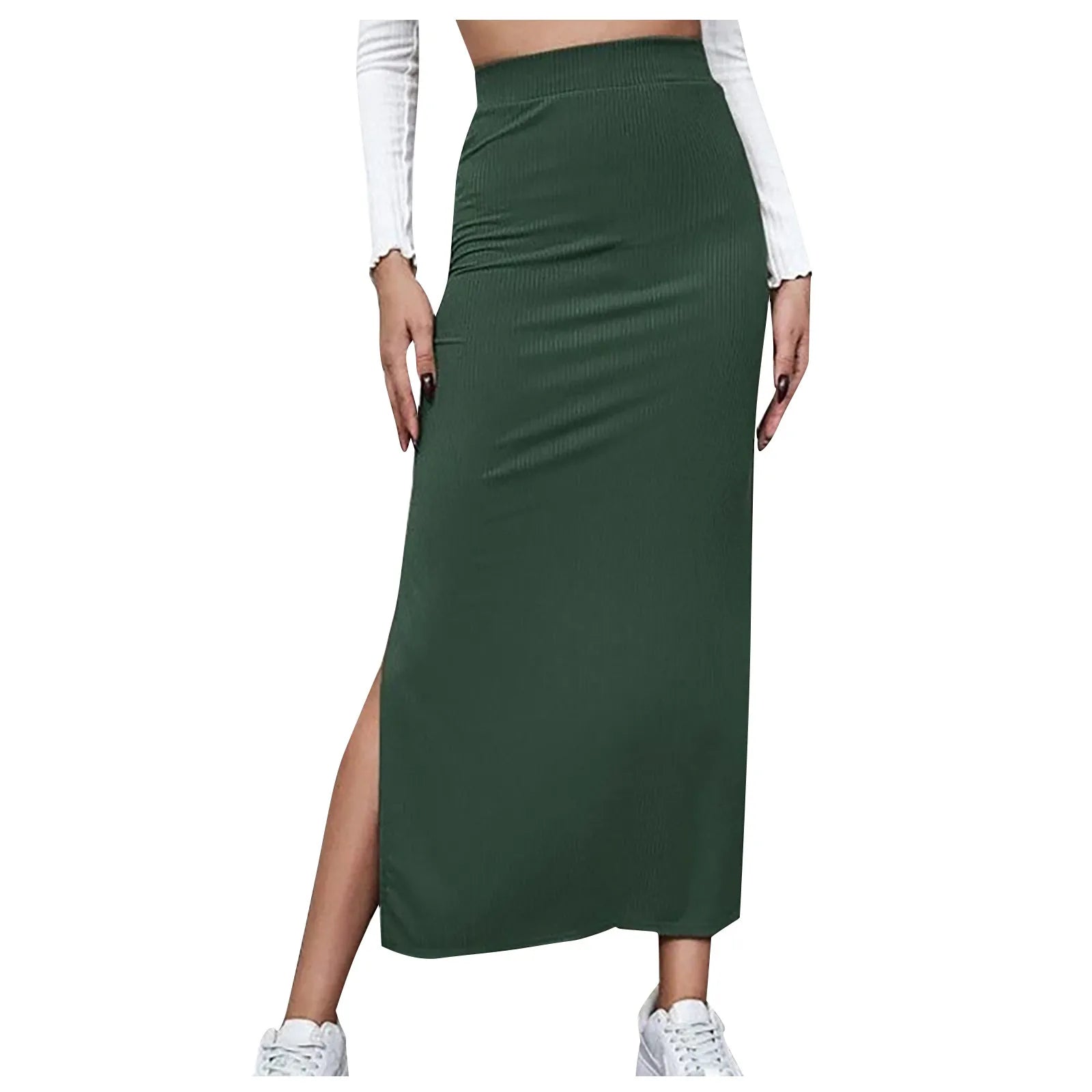 Female Solid Color Slim Fitting Midi Skirts With Slit Office High Waist Satin Skirts Fashion Sexy Straight Elastic Waist Dress