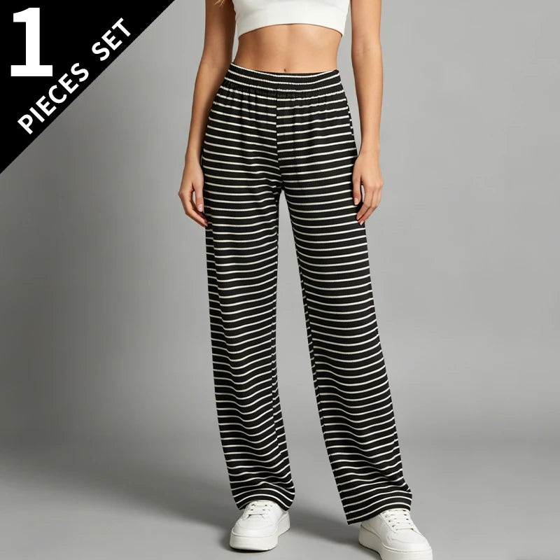 Women's Pants Summer Fashion Striped Straight Leg Pants Casual Versatile Elastic Waistband Pants Plus Size Sports Wide Leg Pants