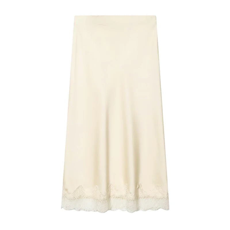 Women's Skirts Fashion Lace Decoration Satin Midi Skirt Vintage Women High Waist Long Skirts