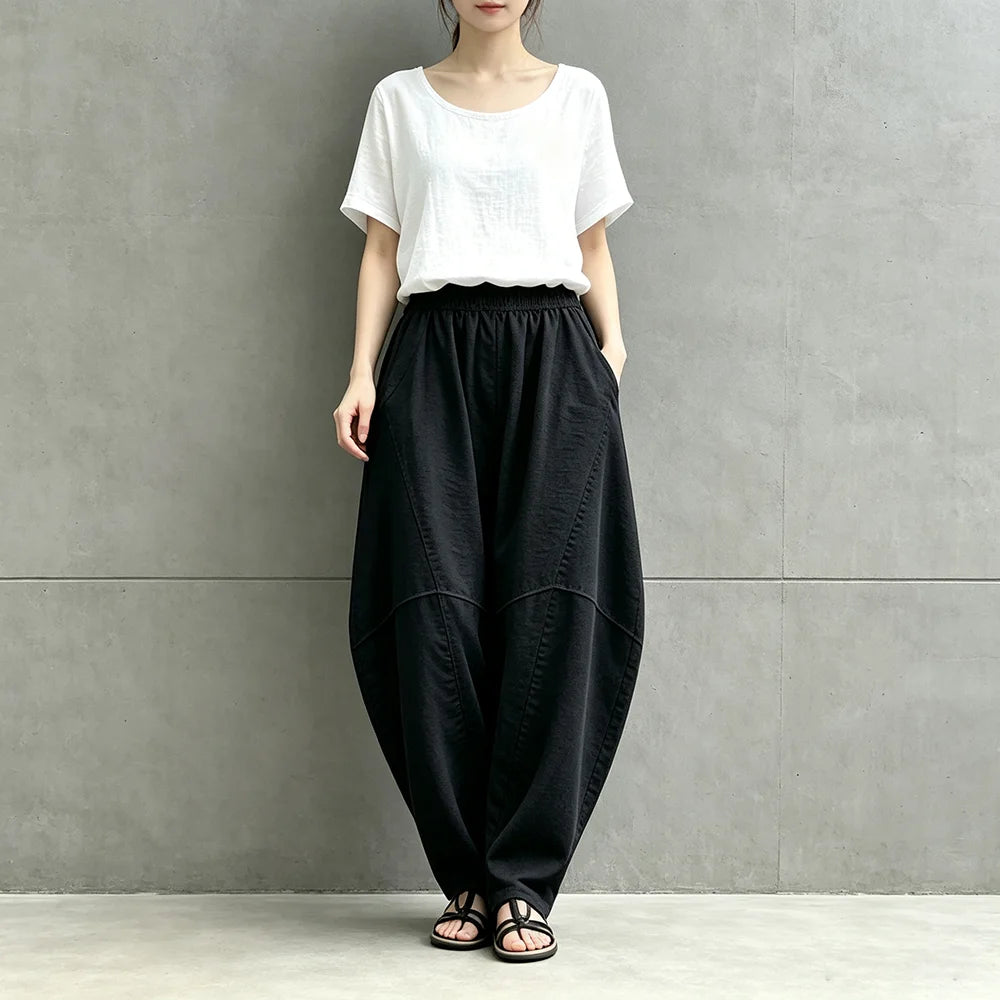 Women Linen Lantern Harem Pants Elastic High Waist Loose Spliced Baggy Trousers With Pockets Casual Oversized Wide Leg Pants Fle