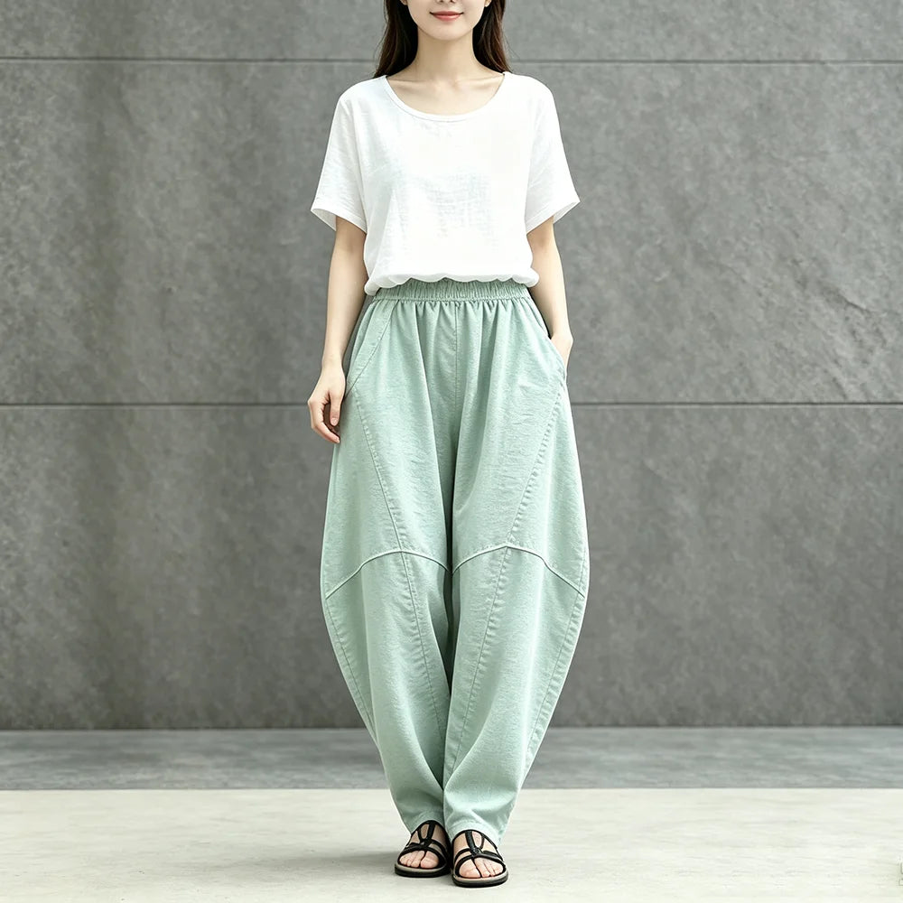 Women Linen Lantern Harem Pants Elastic High Waist Loose Spliced Baggy Trousers With Pockets Casual Oversized Wide Leg Pants Fle