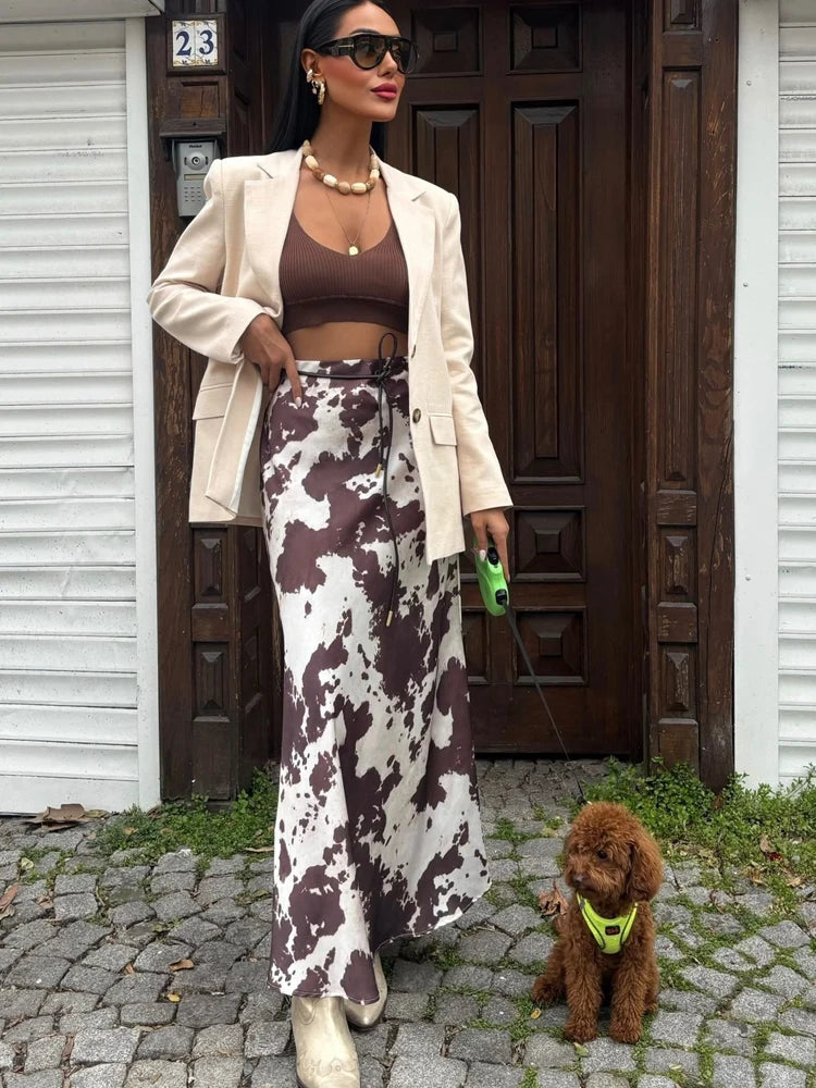 Animal Print Satin Skirt Women Fashion Ruffles Midi Skirts With Belt Casual Women's Skirt 2025 High Street Elegant Long Skirts