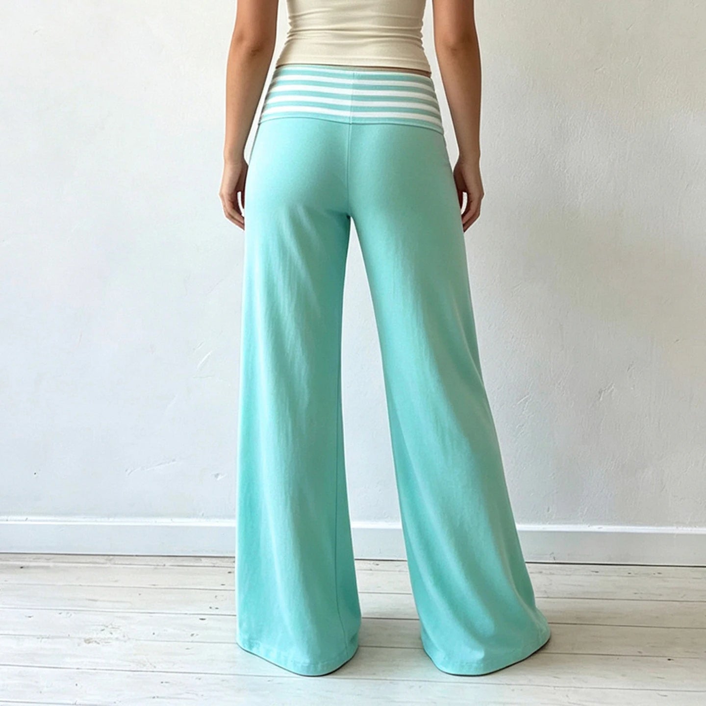 SUCHCUTE Women's Striped Fold-Over Waist Wide-Leg Pants Y2K Low-Rise Casual Loose Straight Long Trousers Vintage 2000s Pants New