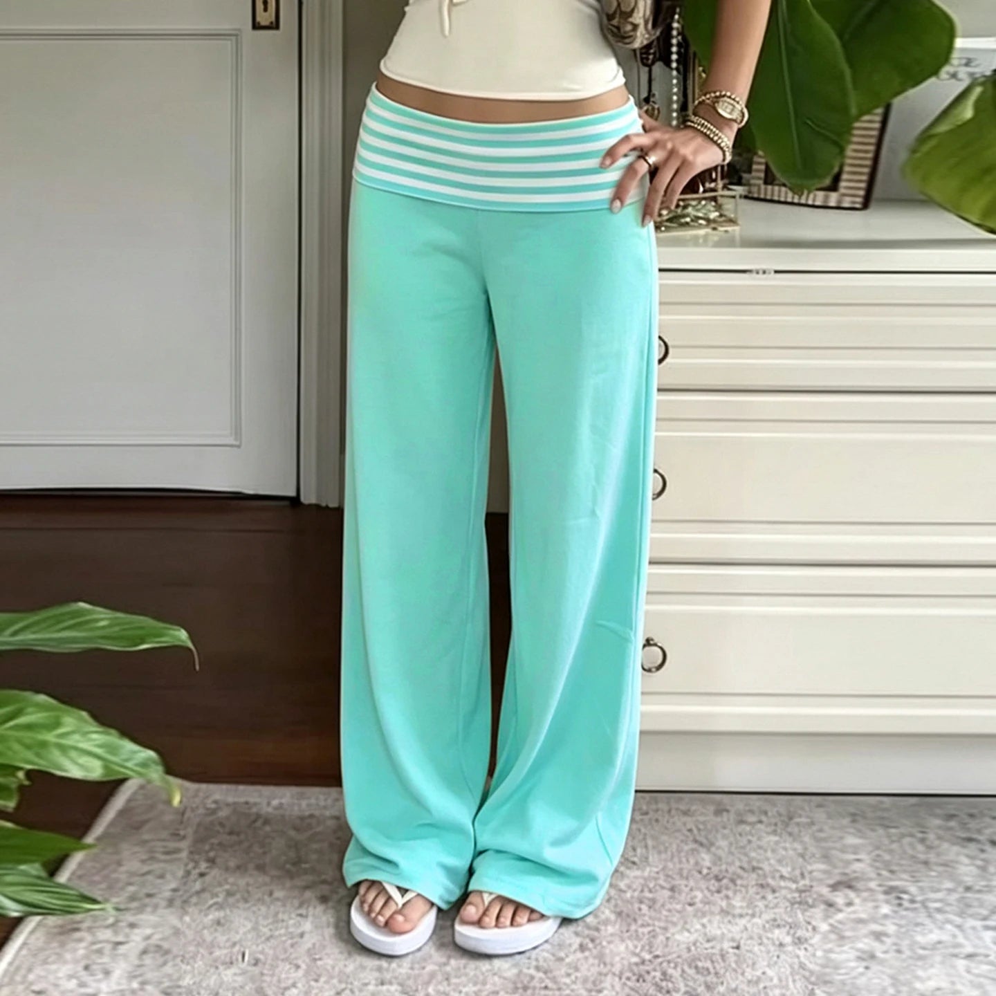 SUCHCUTE Women's Striped Fold-Over Waist Wide-Leg Pants Y2K Low-Rise Casual Loose Straight Long Trousers Vintage 2000s Pants New