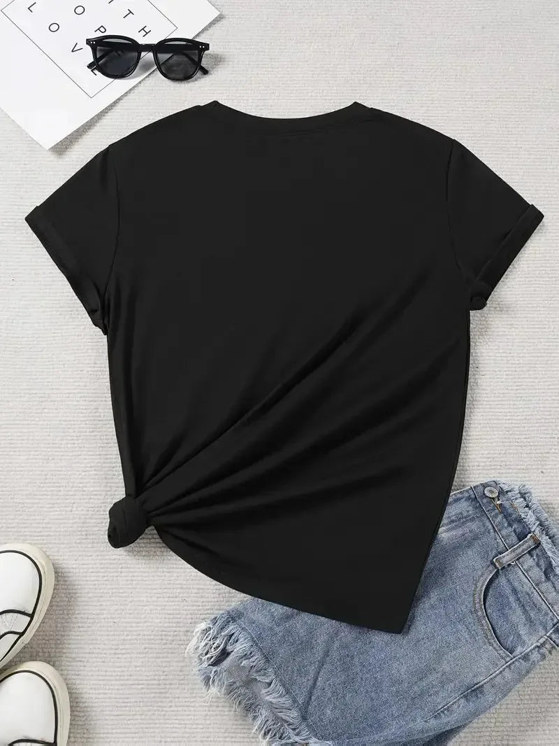 Cartoon Style Short-Sleeve T-Shirt with A Striped Dog Print, Round Neck Summer Women's Clothing Casual T-shirt Daily Streetwear