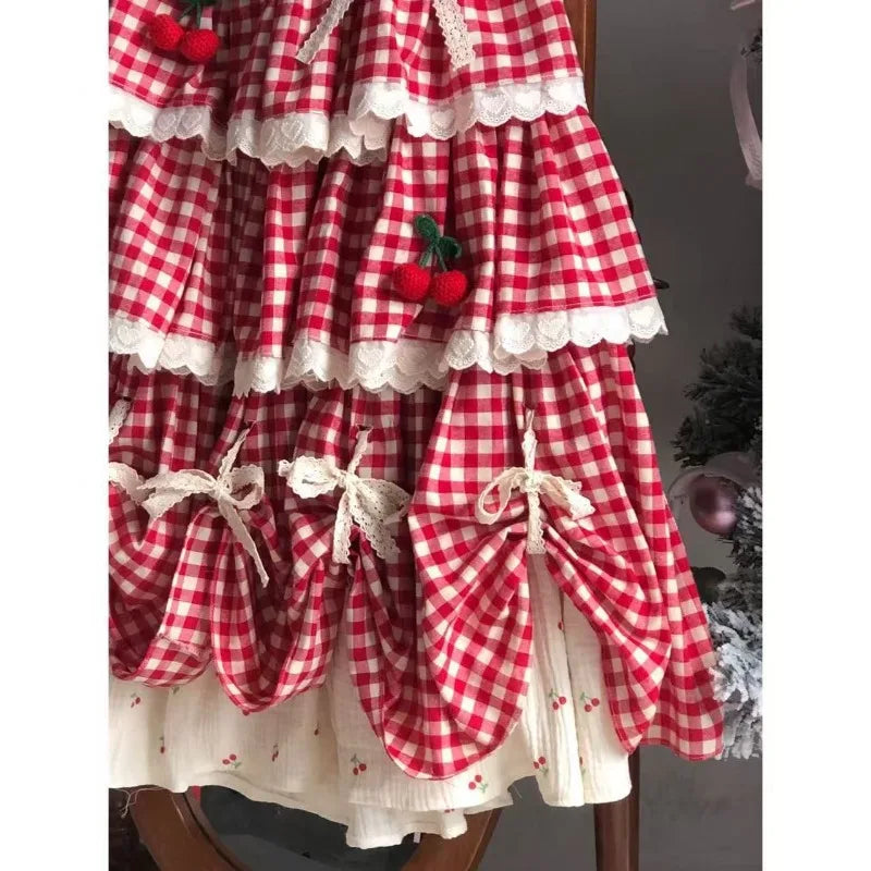 2026 New Sweet Lolita Plaid Layered Skirt Street Red White Gingham Cherry Bow Lace Ruffle Tiered High Waist A‑Line Midi Skirts