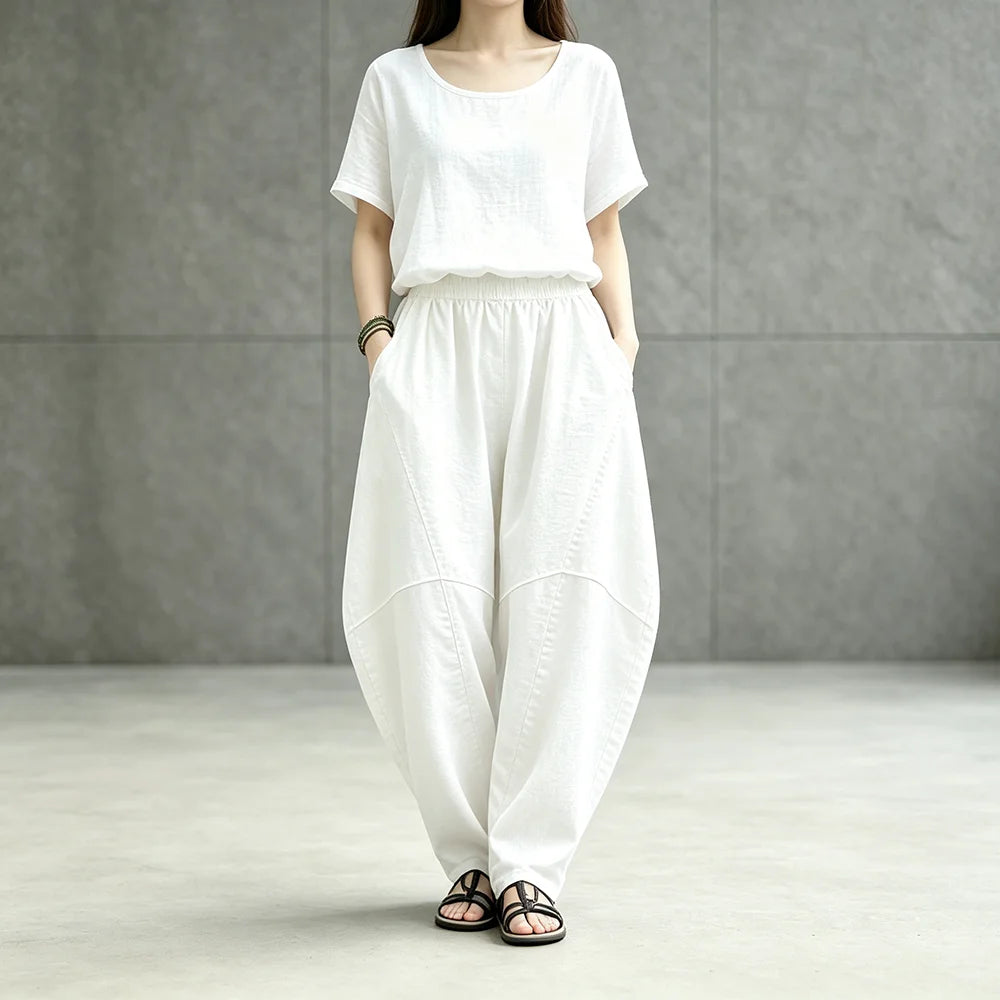 Women Linen Lantern Harem Pants Elastic High Waist Loose Spliced Baggy Trousers With Pockets Casual Oversized Wide Leg Pants Fle
