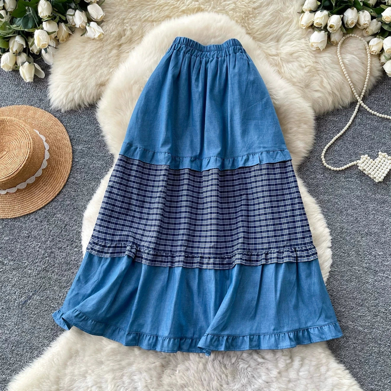 Karofi Tencel Cotton Patchwork Denim Skirt Women Elastic Waist Plaid Ruffle Midi Long Skirt Casual Vintage A Line Skirts