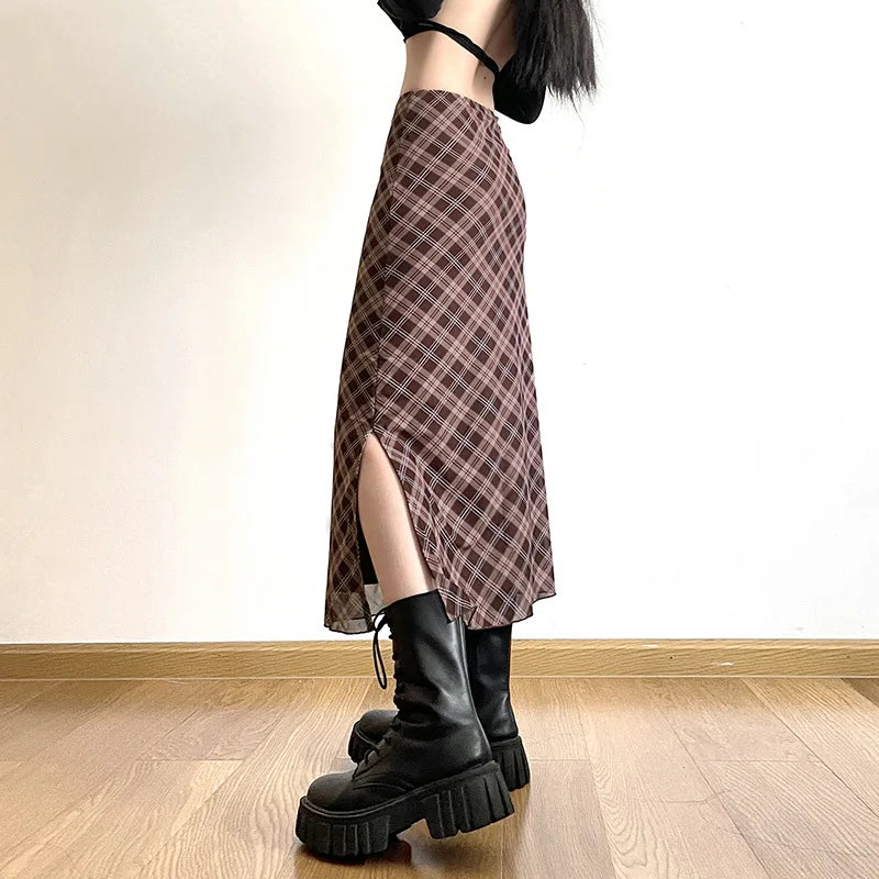 Women Spring Autumn Plaid Print Wrap Hips Skirts Fashion Ankle-Length Sexy Slim Pencil Skirts Preppy Style Girls Slit Midiskirt