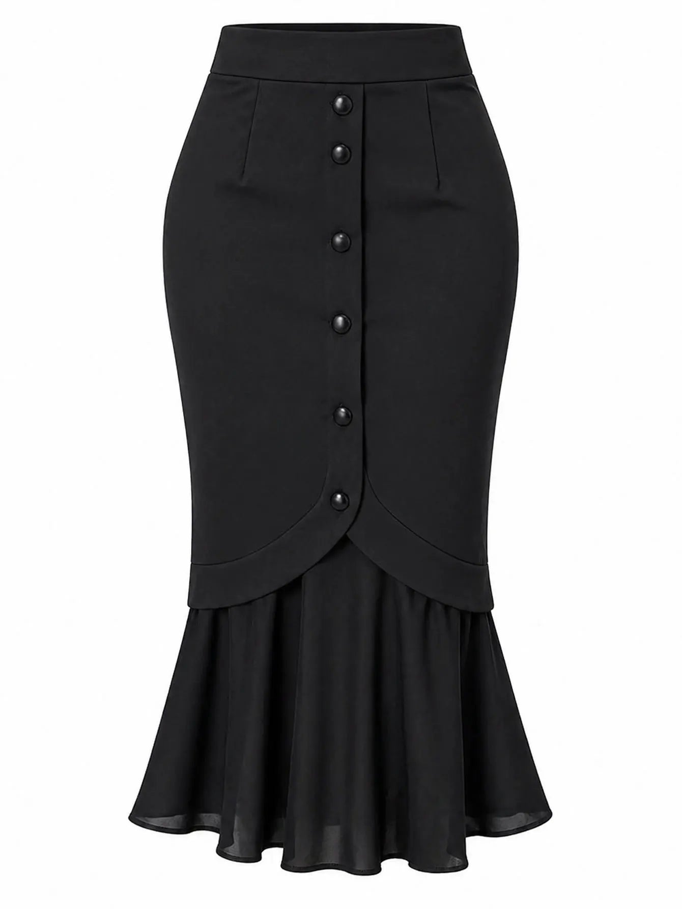 Women Black Mermaid Skirts Elastic High Waist Button Front Slim Fit Pencil Midi Work Party Business Casual Skirt