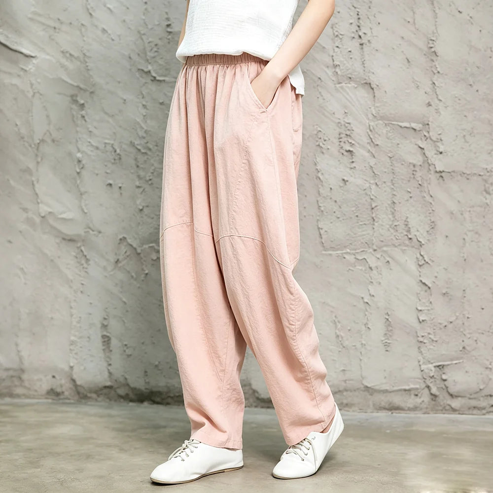 Women Linen Lantern Harem Pants Elastic High Waist Loose Spliced Baggy Trousers With Pockets Casual Oversized Wide Leg Pants Fle