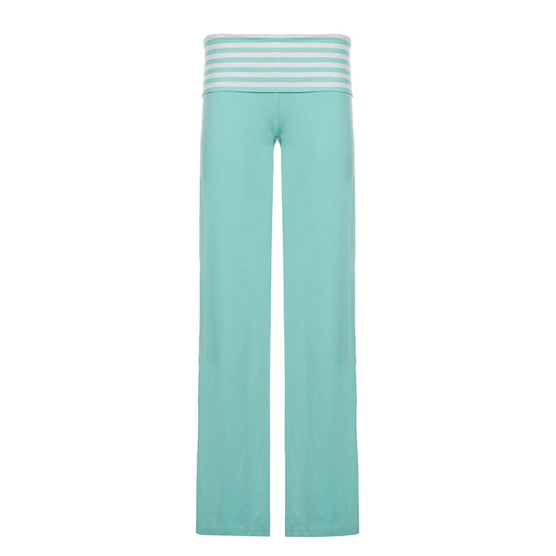 SUCHCUTE Women's Striped Fold-Over Waist Wide-Leg Pants Y2K Low-Rise Casual Loose Straight Long Trousers Vintage 2000s Pants New