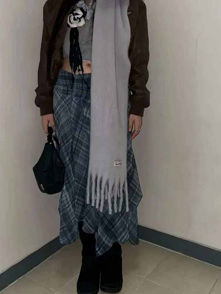 HH Women Vintage Plaid Midi Skirt Irregular Hem High Waist Pleated Skirts Female Casual Fashion High Street Lady Chic Skirts
