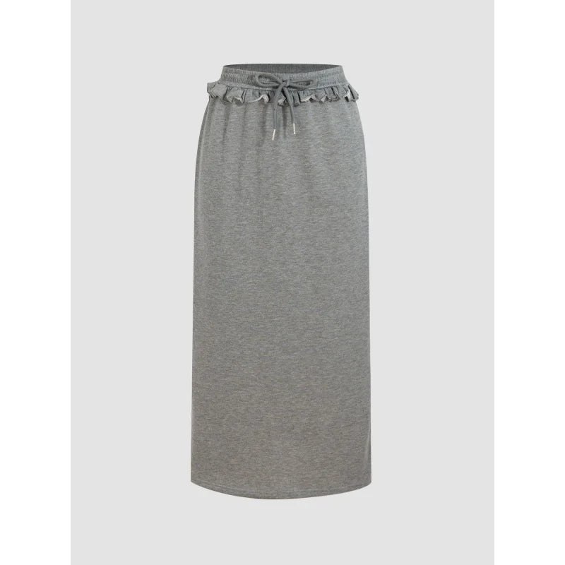 Autumn Women Midi Skirt Grey Knit Straight Long Skirt Ruffle Drawstring Elastic Waist Casual Daily Street Skirts
