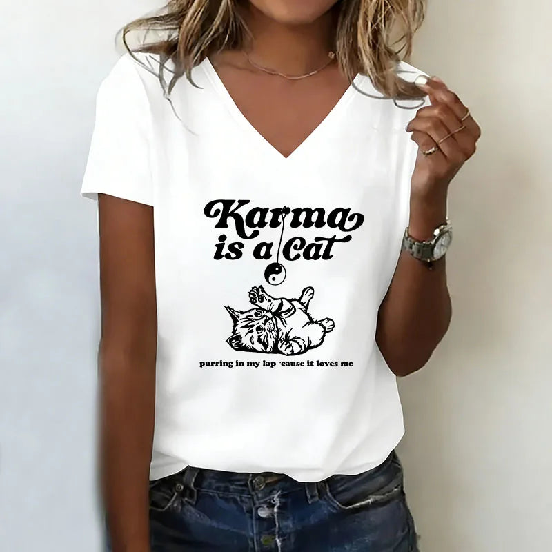 Funny Karma Is A Cat T-shirt V Neck Casual Fashion Cat  Printed T Shirts Women Short Sleeve Tee Shirt V-Neck Summer Spring