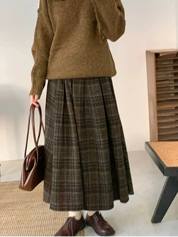 Vintage Women Long Plaid Thick Pleated Faux Woolen Skirts For Ladies Autumn Winter A-Line Loose Casual High Waist Midi Skirt SK4