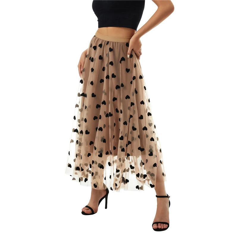 Lamuusaa Mesh Skirts Women Summer Heart Printed Elastic High Waist A Line Pleated Midi Skirts Evening Party Skirts Streetwear