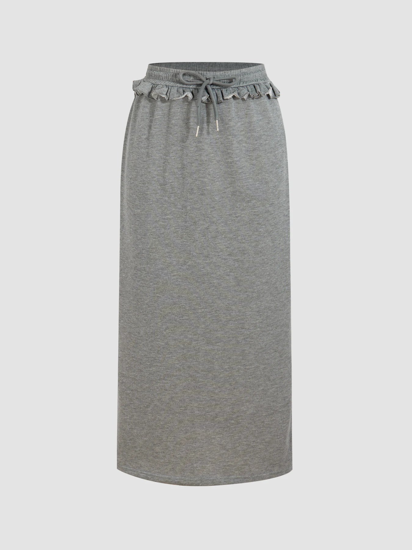 Autumn Women Midi Skirt Grey Knit Straight Long Skirt Ruffle Drawstring Elastic Waist Casual Daily Street Skirts