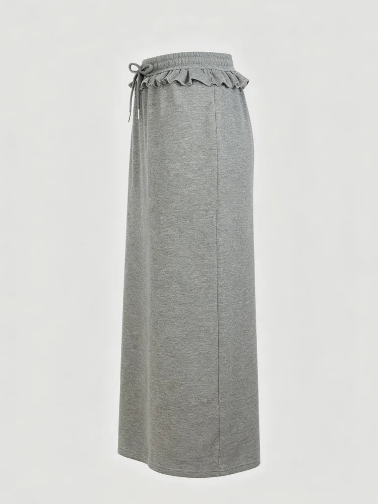Autumn Women Midi Skirt Grey Knit Straight Long Skirt Ruffle Drawstring Elastic Waist Casual Daily Street Skirts