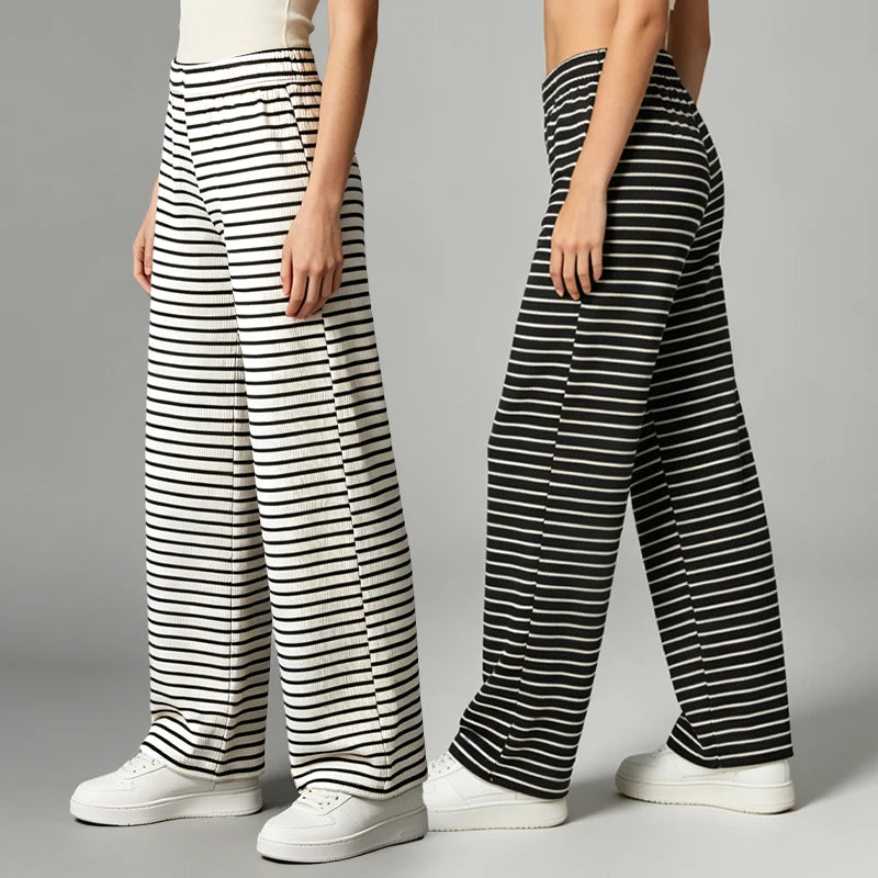 Women's Pants Summer Fashion Striped Straight Leg Pants Casual Versatile Elastic Waistband Pants Plus Size Sports Wide Leg Pants