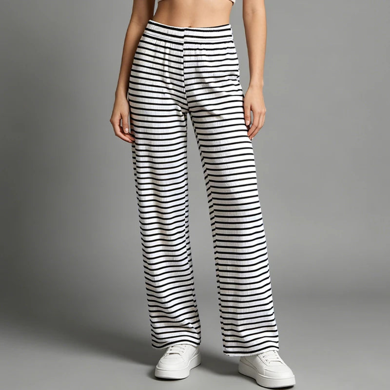 Women's Pants Summer Fashion Striped Straight Leg Pants Casual Versatile Elastic Waistband Pants Plus Size Sports Wide Leg Pants