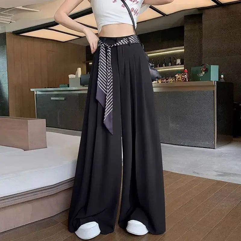 Women's Draped Loose Wide Leg Pants With Scarf High Waist Floor Length Long White Suit Trousers Female Baggy Pants Fashion 2026