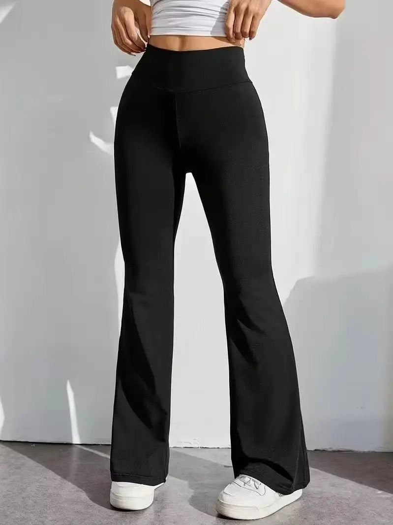 Women's High Waist Black Flare Pants, High‑Stretch Tummy‑Control Wide Waistband Flared Trousers, Slim Figure‑Flattering Height‑E