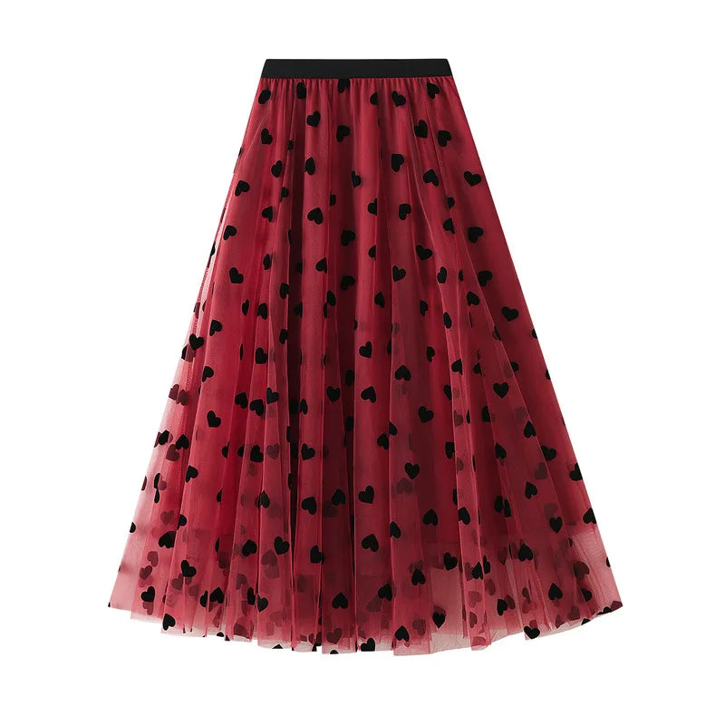 Lamuusaa Mesh Skirts Women Summer Heart Printed Elastic High Waist A Line Pleated Midi Skirts Evening Party Skirts Streetwear