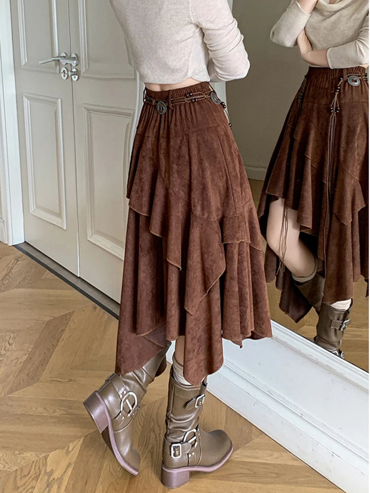 American Retro Asymmetry Suede Midi Skirt For Woman Bohemian Style Vintage Autumn Winter Retro A-Line Skirts Lady