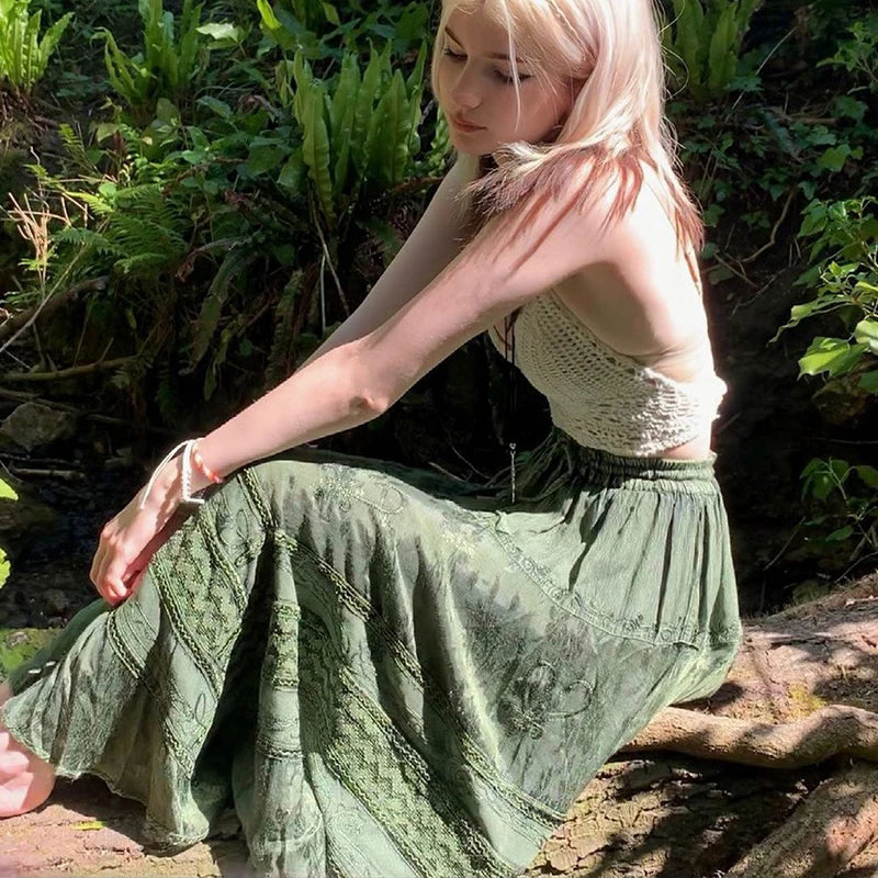 90s Vintage Boho Midi Skirts Fairycore Grunge Kawaii Bow High Waist Long Pleated Skirt Chic Women Retro Holiday Beach Streetwear
