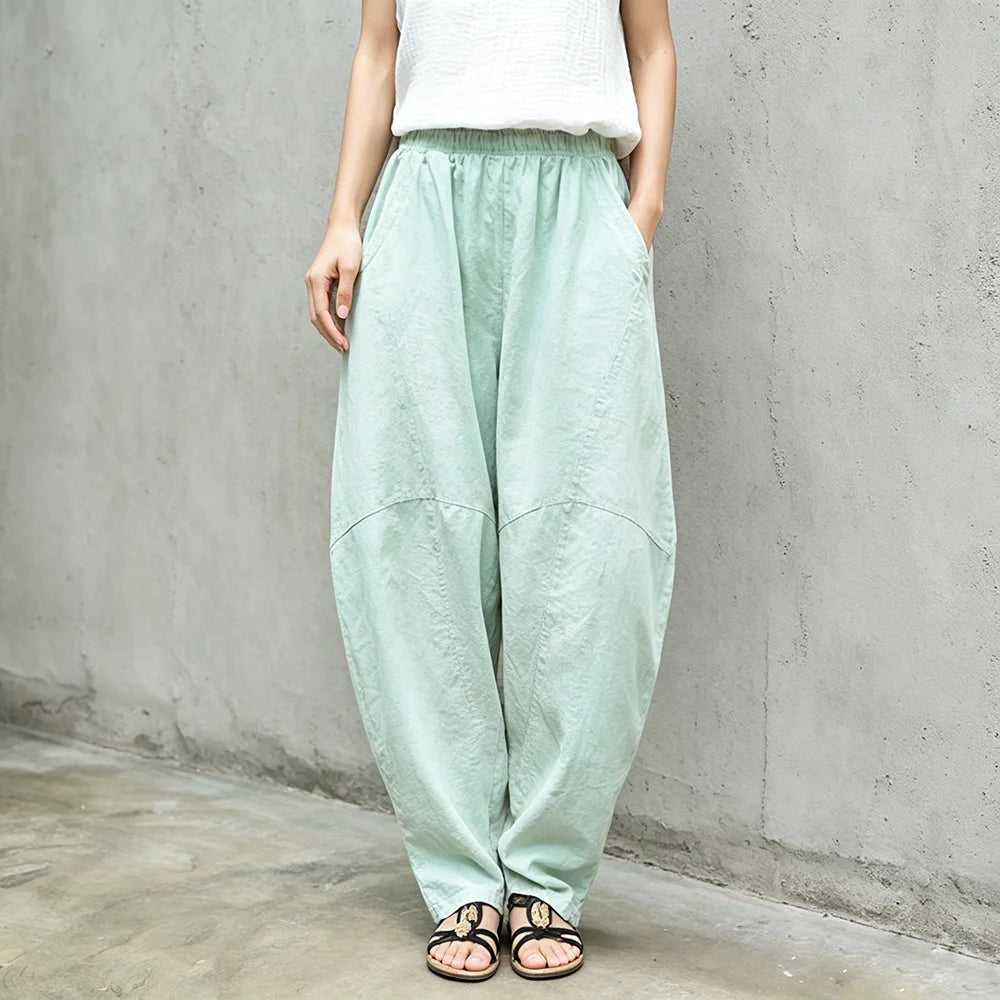 Women Linen Lantern Harem Pants Elastic High Waist Loose Spliced Baggy Trousers With Pockets Casual Oversized Wide Leg Pants Fle