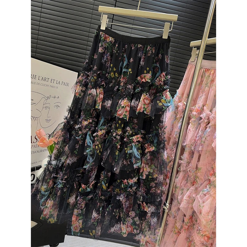 MEXZT Vintage Tulle Midi Skirt Women Elegant Floral Ruffles Pleated Skirts Summer Ladies Korean Print Mesh Design Casual Faldas