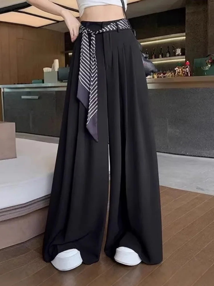 Women's Draped Loose Wide Leg Pants With Scarf High Waist Floor Length Long White Suit Trousers Female Baggy Pants Fashion 2026