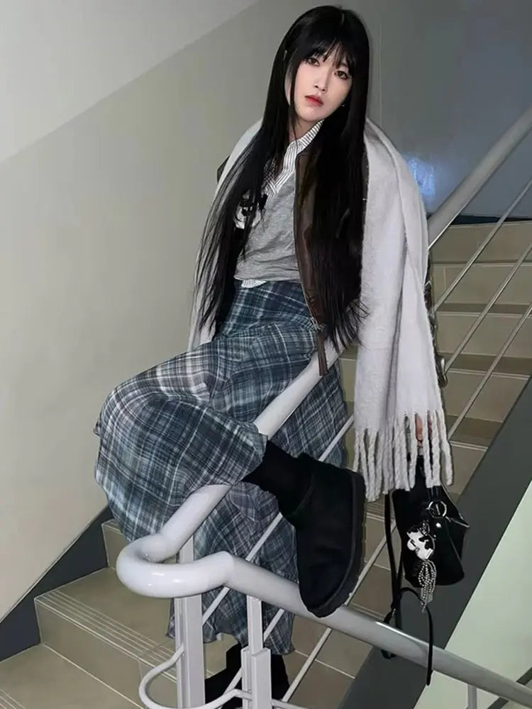 HH Women Vintage Plaid Midi Skirt Irregular Hem High Waist Pleated Skirts Female Casual Fashion High Street Lady Chic Skirts