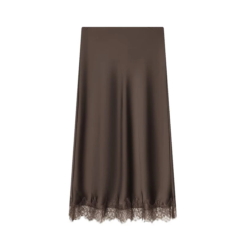 Women's Skirts Fashion Lace Decoration Satin Midi Skirt Vintage Women High Waist Long Skirts