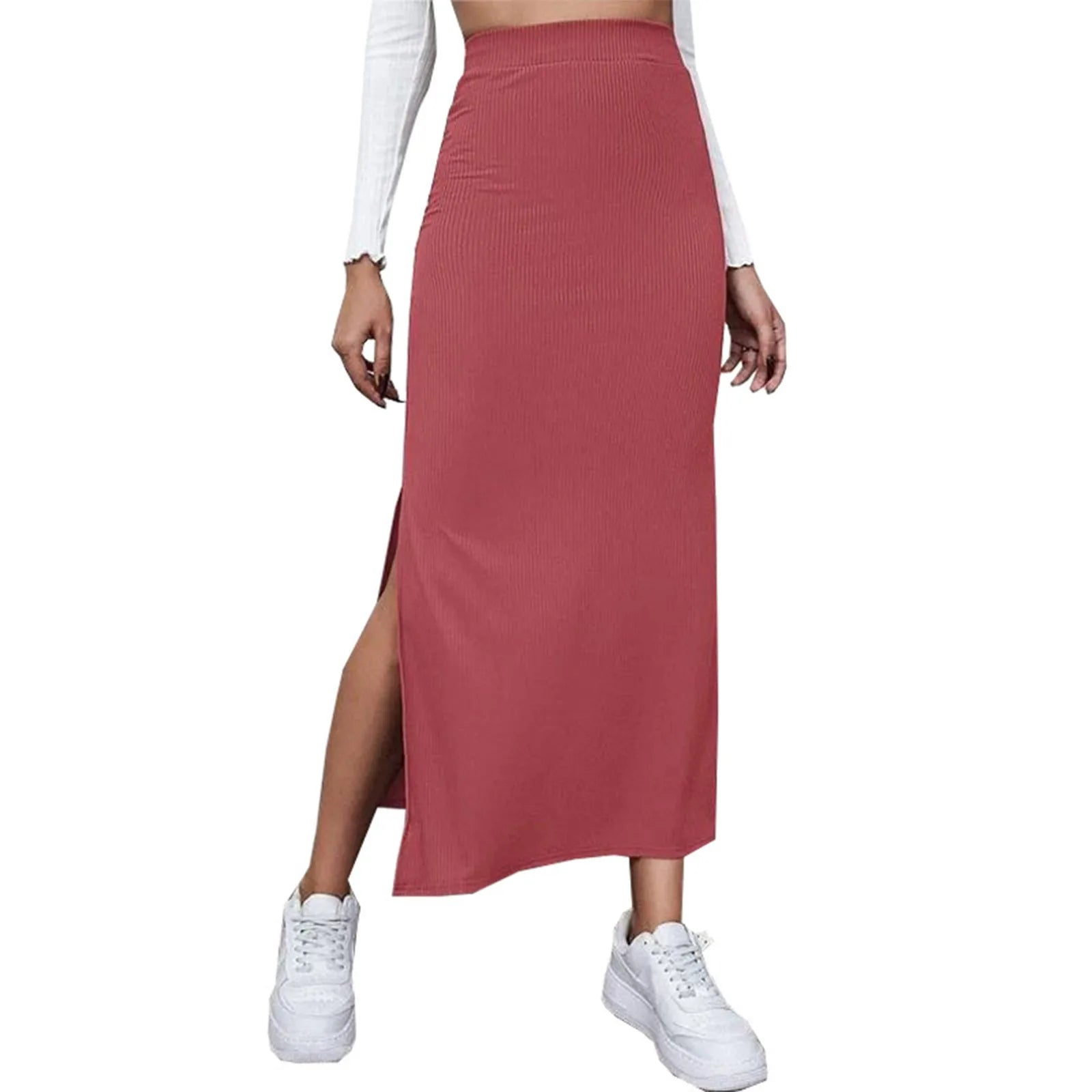 Female Solid Color Slim Fitting Midi Skirts With Slit Office High Waist Satin Skirts Fashion Sexy Straight Elastic Waist Dress