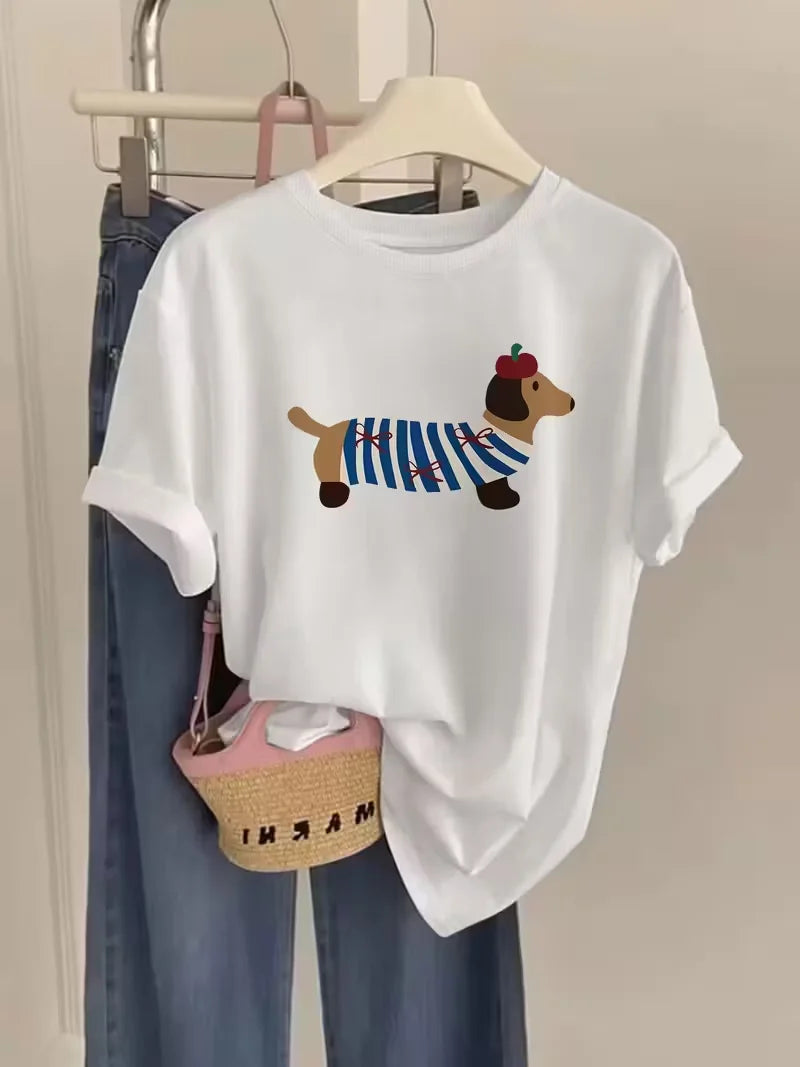 Cartoon Style Short-Sleeve T-Shirt with A Striped Dog Print, Ro...