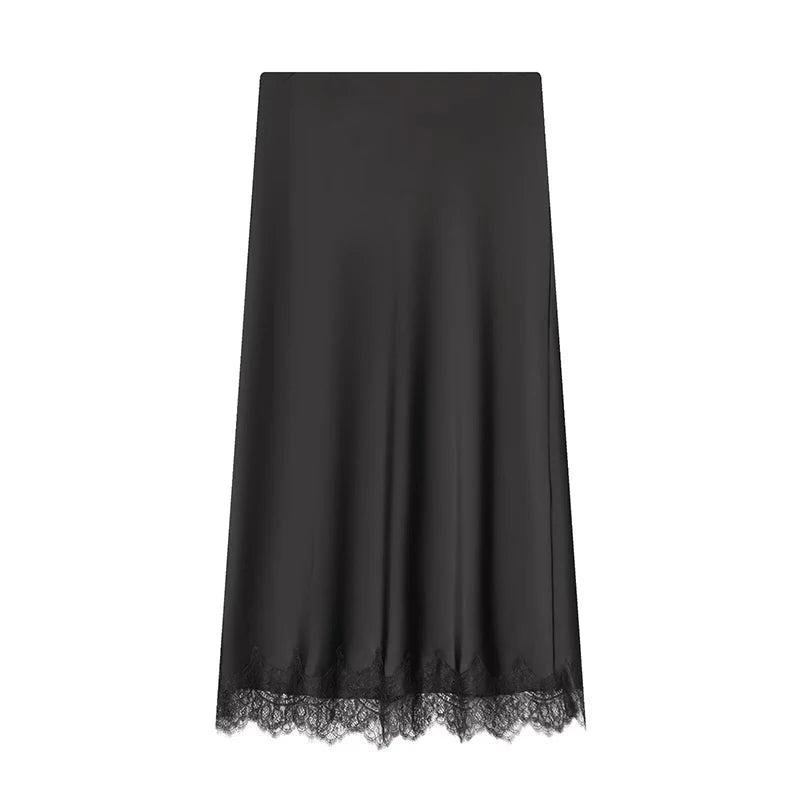 Women's Skirts Fashion Lace Decoration Satin Midi Skirt Vintage Women High Waist Long Skirts