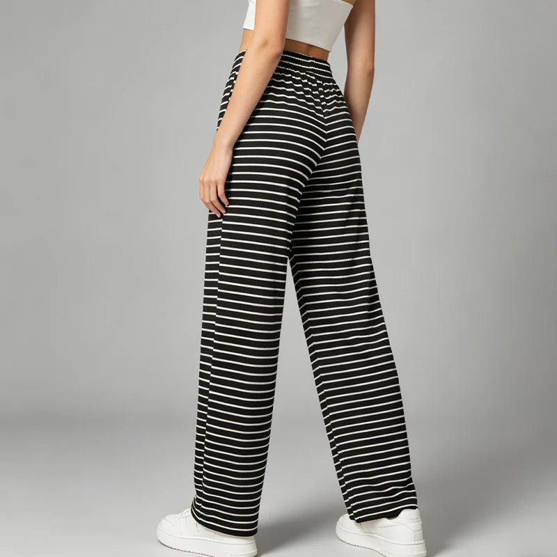 Women's Pants Summer Fashion Striped Straight Leg Pants Casual Versatile Elastic Waistband Pants Plus Size Sports Wide Leg Pants