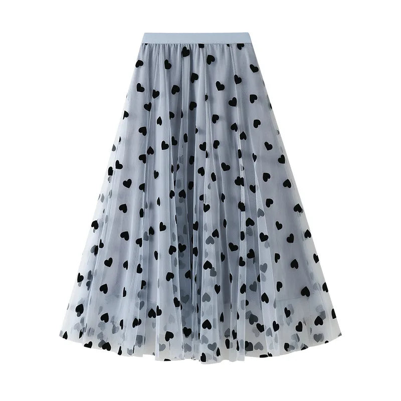 Lamuusaa Mesh Skirts Women Summer Heart Printed Elastic High Waist A Line Pleated Midi Skirts Evening Party Skirts Streetwear