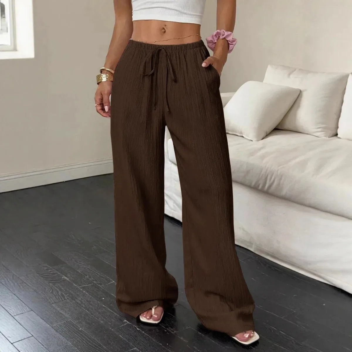 Women's Wide-Leg Cotton-Linen Blend Casual Floor-Length Pants Relaxed-Fit Drawstring Trousers for Home & Strolls