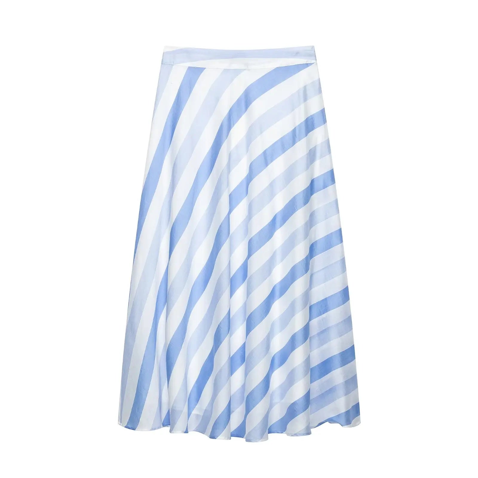 Willshela Women Fashion Blue Striped Pleated A-Line Midi Skirt Vintage Side Zipper High Waist Female Chic Lady Skirts
