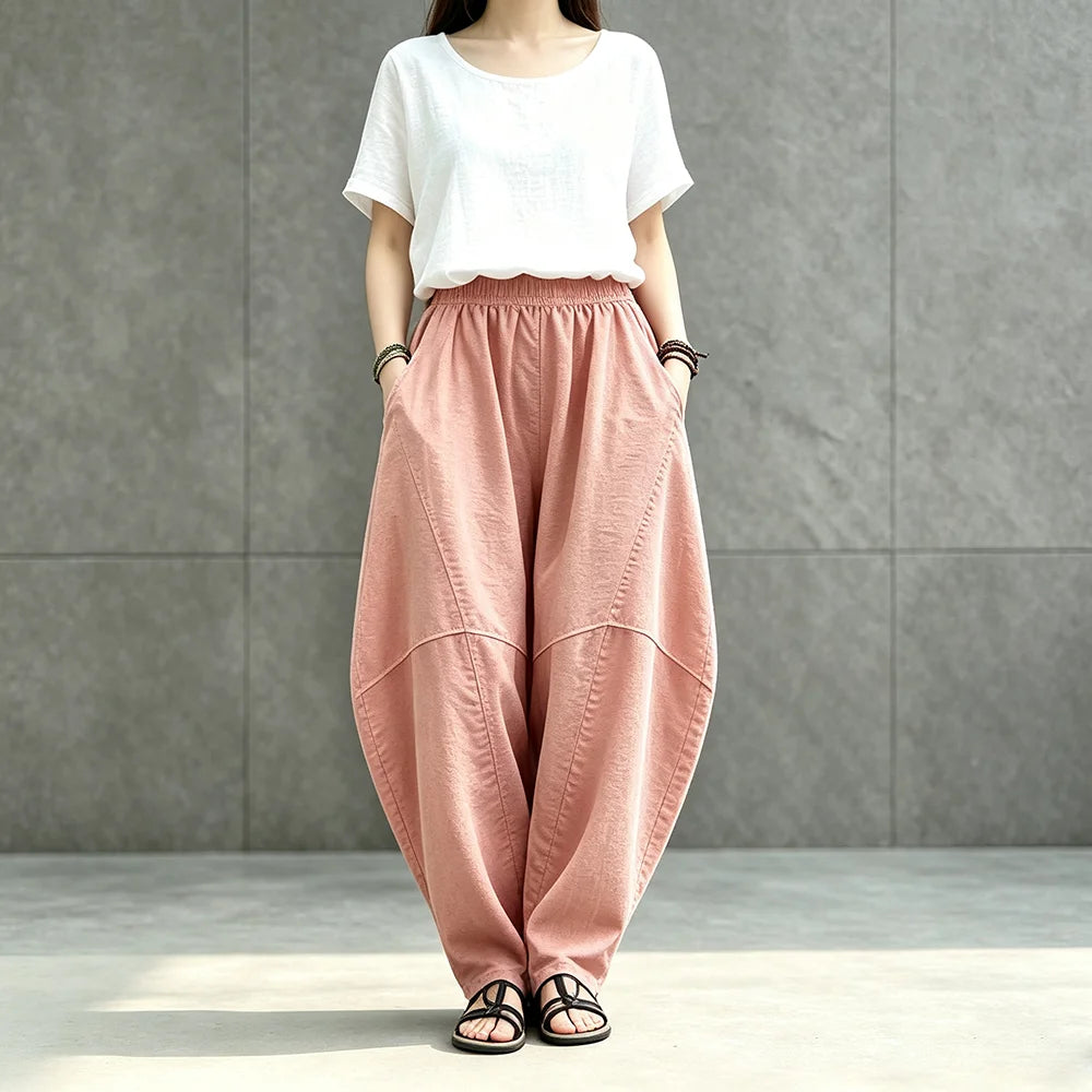Women Linen Lantern Harem Pants Elastic High Waist Loose Spliced Baggy Trousers With Pockets Casual Oversized Wide Leg Pants Fle