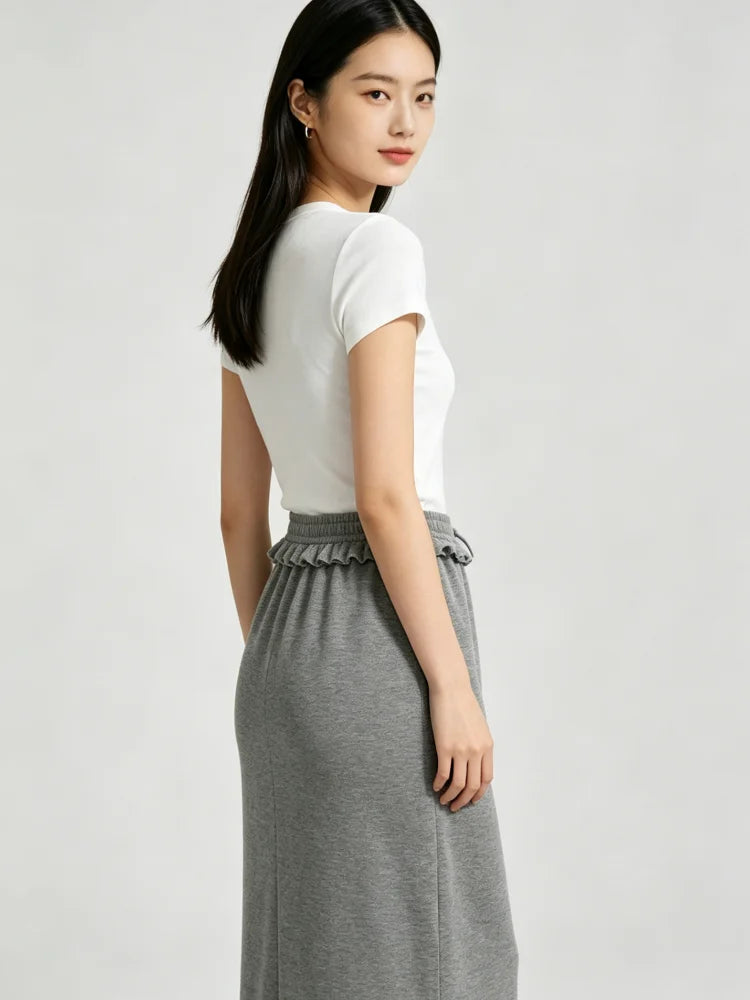 Autumn Women Midi Skirt Grey Knit Straight Long Skirt Ruffle Drawstring Elastic Waist Casual Daily Street Skirts