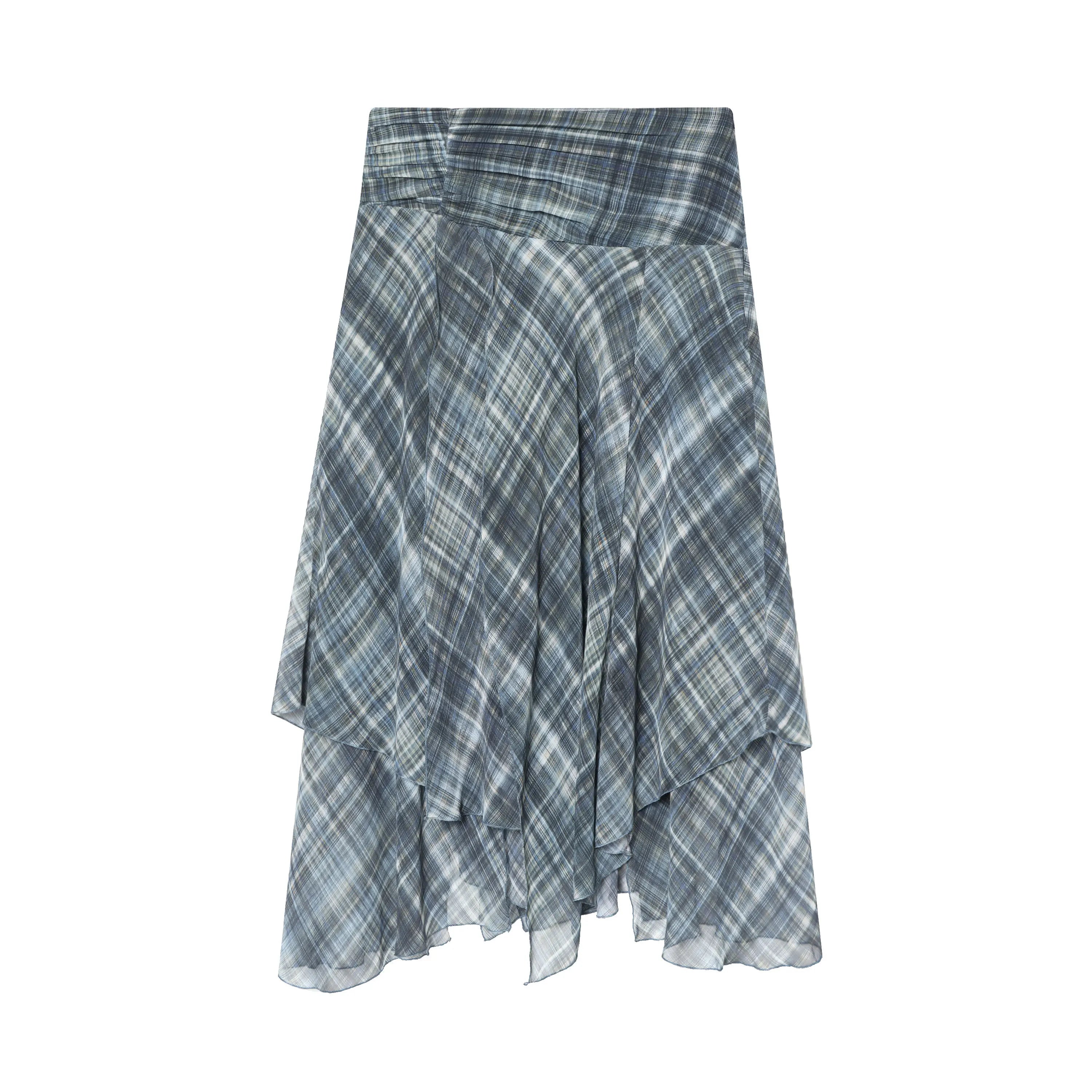 HH Women Vintage Plaid Midi Skirt Irregular Hem High Waist Pleated Skirts Female Casual Fashion High Street Lady Chic Skirts